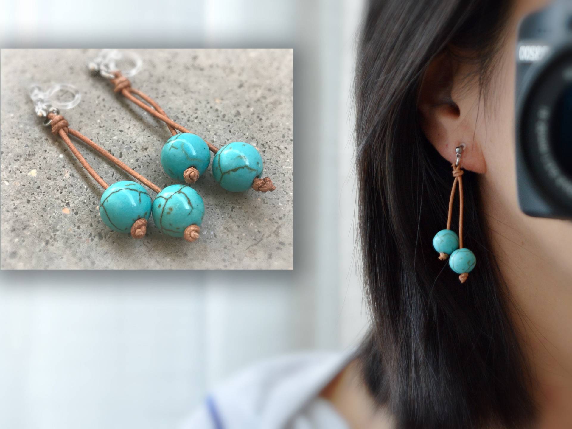 Unsichtbare Clips-Ohrringe, Große Natürliche Türkisblaue Perlen, Naturbraunes Lederband. Diskrete Clips. Täglicher Schmuck Unsichtbare Clips-Ohrringe, Große Natürliche Türkisblaue Perlen, Naturbraunes Lederband. Diskrete Clips. Täglicher Schmuck von AllMyLadies