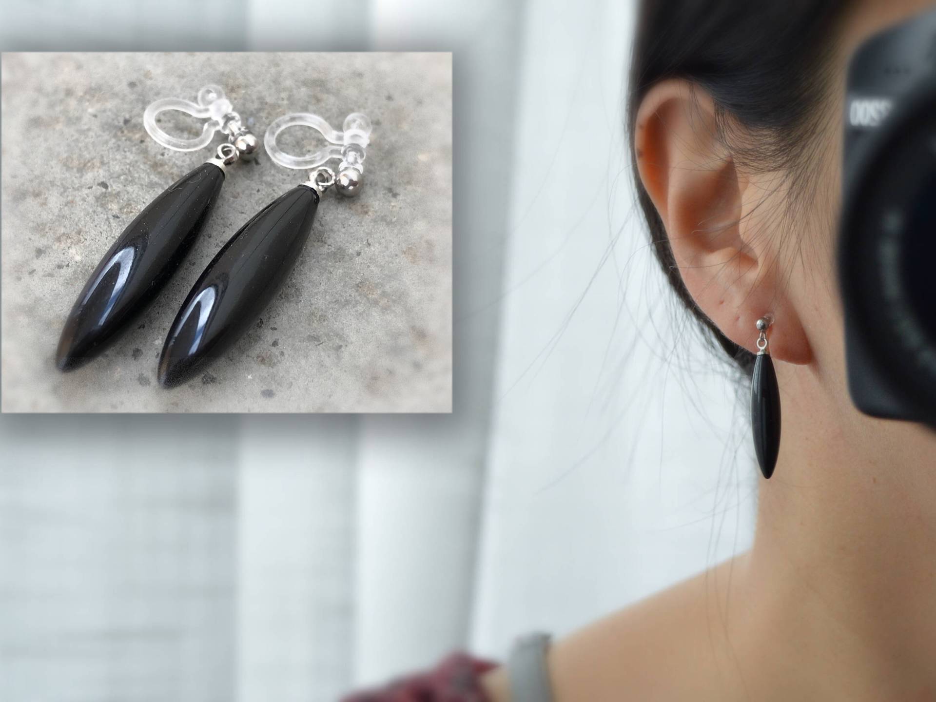 Unsichtbare Clips-Ohrringe in Silberfarbe, Schwarze Perle Mit Wassertropfen Unsichtbare Clips-Ohrringe in Silberfarbe, Schwarze Perle Mit Wassertropfen von AllMyLadies
