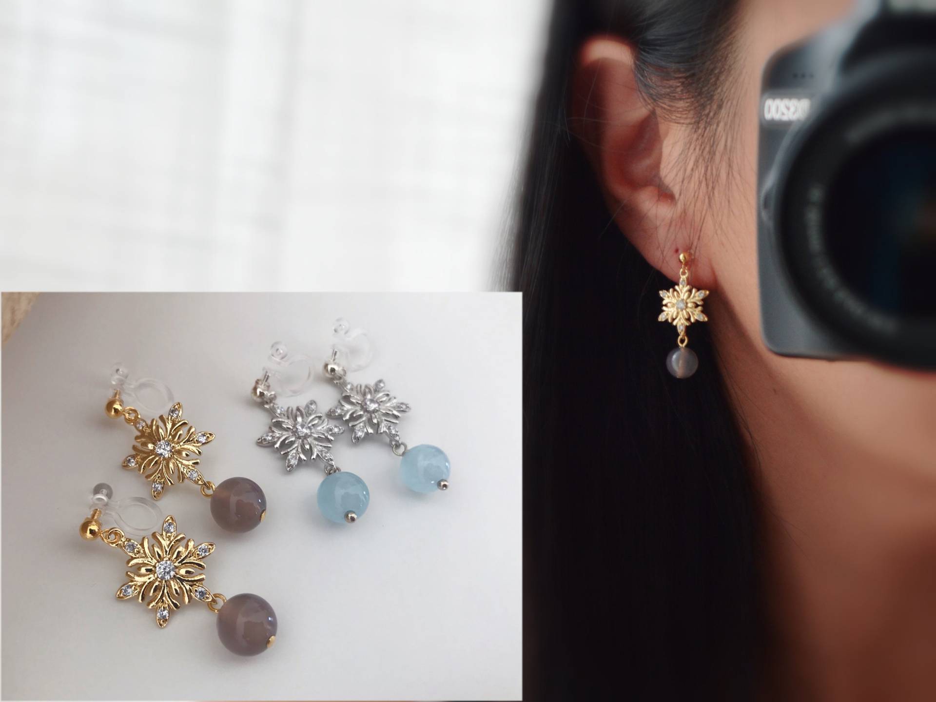 strass-Schneeflocke. Unsichtbare Ohrclips in Gold-/Silberfarbe. Graue Achat-/Blaue Chalcedon-Perle. Zarter Schmuck strass-Schneeflocke. Unsichtbare Ohrclips in Gold-/Silberfarbe. Graue Achat-/Blaue Chalcedon-Perle. Zarter Schmuck von AllMyLadies