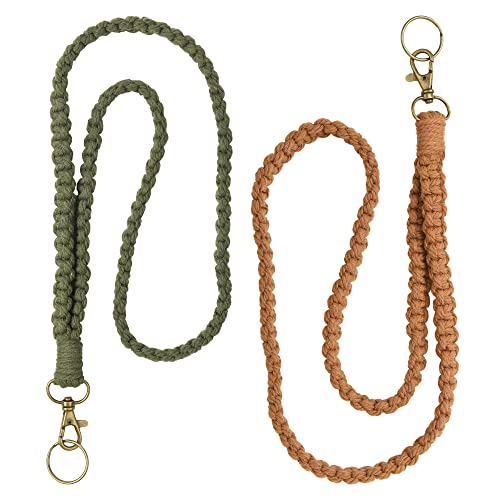 2 Stück Makramee-Boho-Umhängeband Schlüsselanhänger Halter mit Metallhaken für Ausweisabzeichen, Schlüssel, handgefertigt, geknotet, langes Handgelenk, Umhängeband für Frauen, Khaki, 46 cm von AllReal