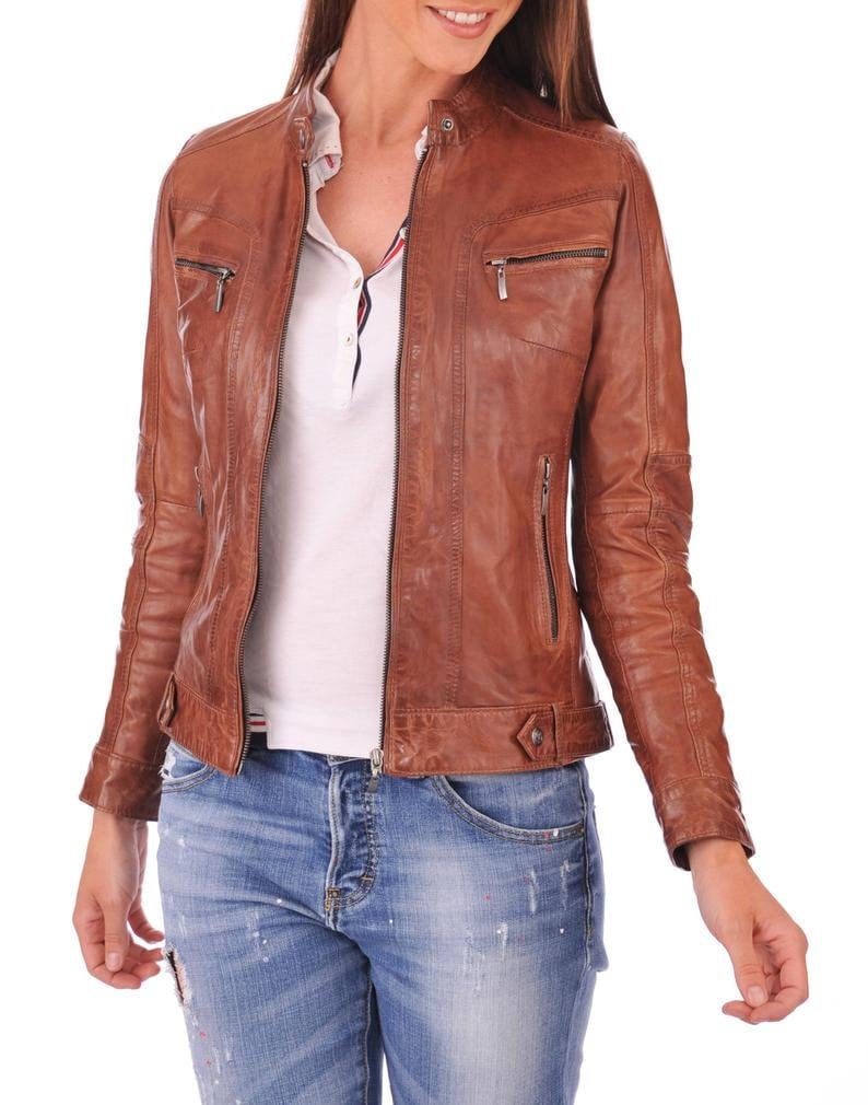 Damen Handgemachte Echte Lammfell Lederjacke, Jacke, Biker Leder, Motorrad Slim Fit Racer Jacke Nach Maß von AllRegionsFashion