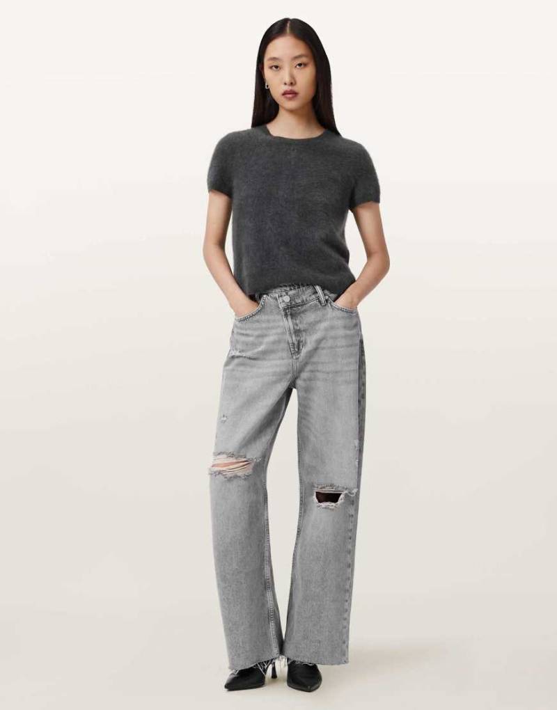 AllSaints - Aki - Jeans in Destroy-Grau mit überkreuztem Bund von AllSaints