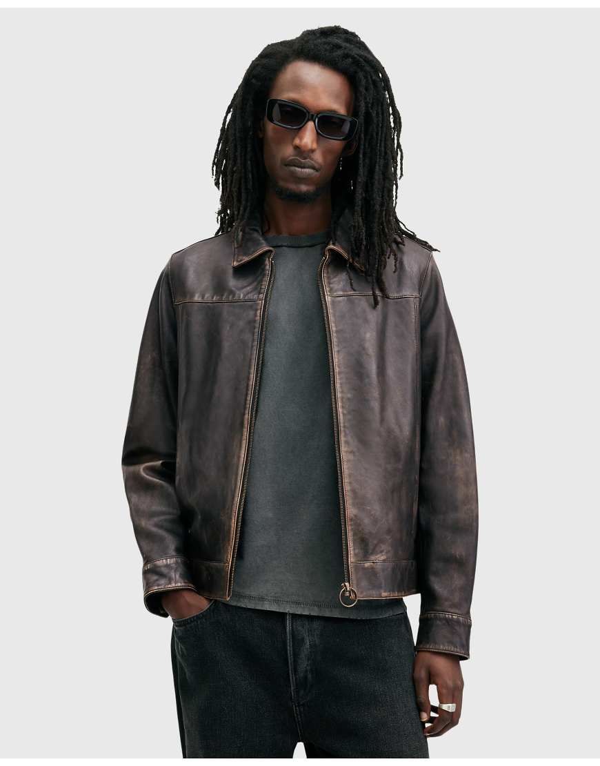 AllSaints - Alkan - Jacke aus Leder in verwaschenem Braun mit Reißverschluss-Schwarz von AllSaints