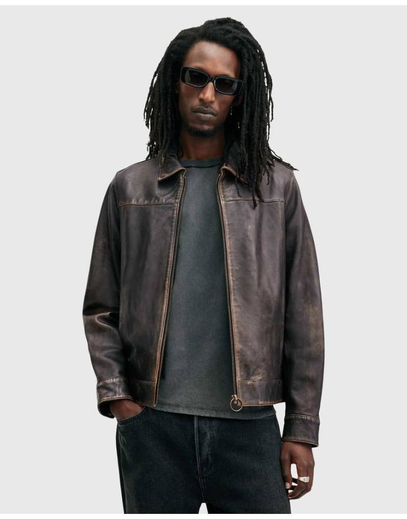 AllSaints - Alkan - Jacke aus Leder in verwaschenem Braun mit Reißverschluss-Schwarz von AllSaints