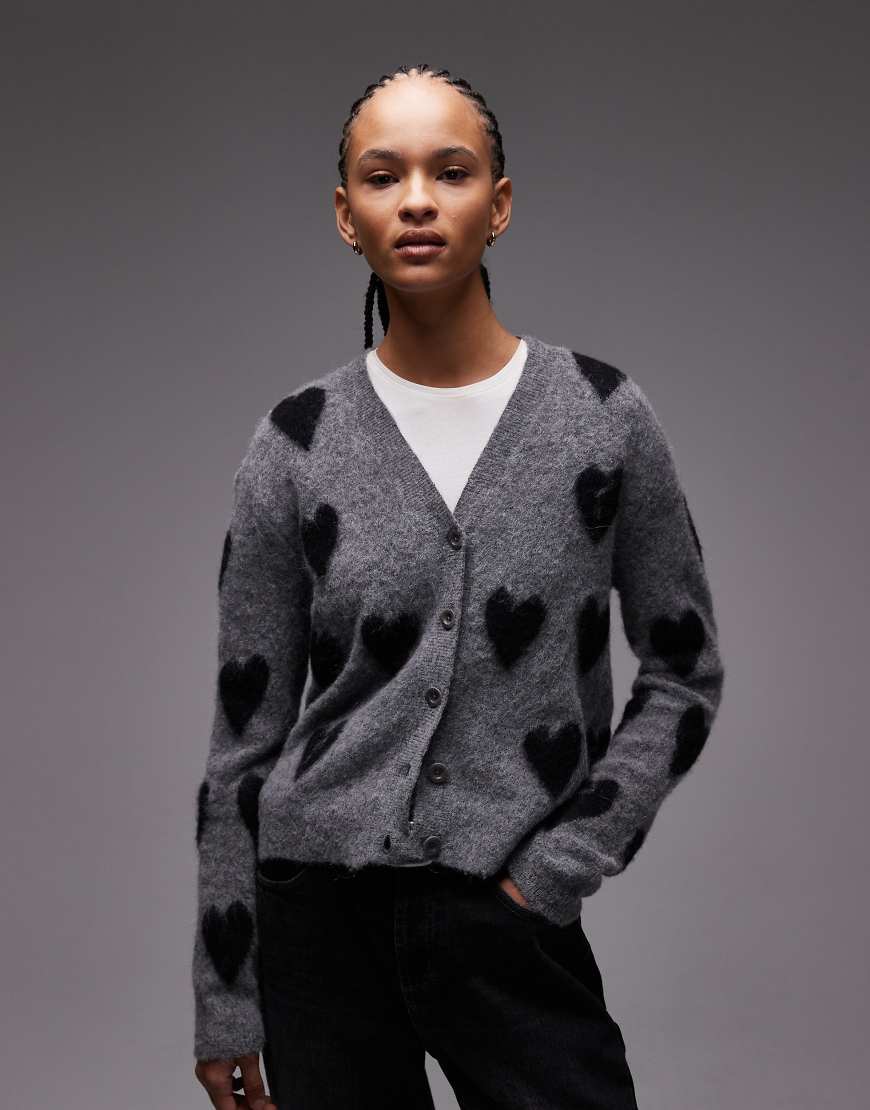 AllSaints - Amora - Strickjacke in Grau mit Herzmuster-Schwarz von AllSaints