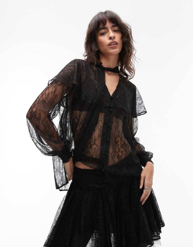 AllSaints - Athena - Boho-Hemdbluse aus Spitze in Schwarz von AllSaints