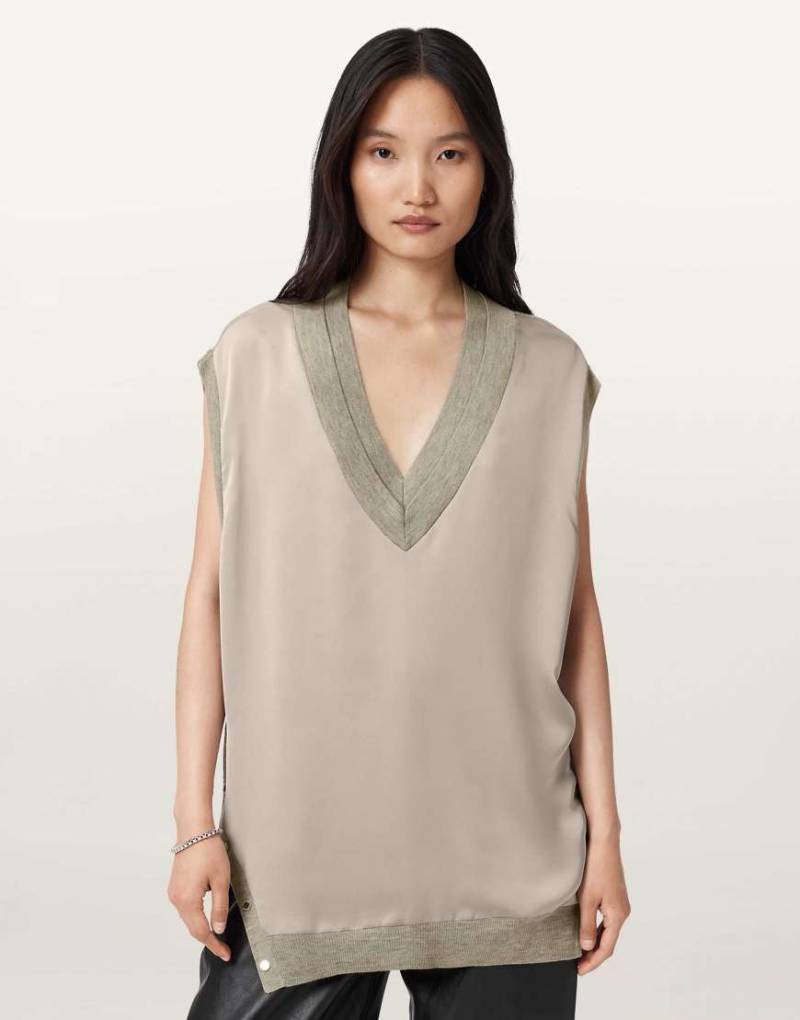 AllSaints - Bern - Mit Nieten besetztes Tanktop in Taupe-Grau von AllSaints