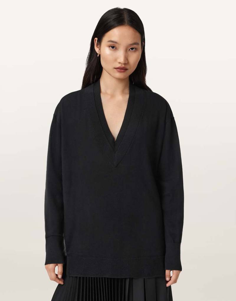 AllSaints - Bern - Sweatshirt in Schwarz mit V-Ausschnitt von AllSaints