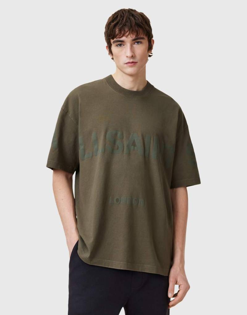 AllSaints - Biggy - Oversize-T-Shirt in Khaki mit farblich abgestimmtem Logo-Grün von AllSaints