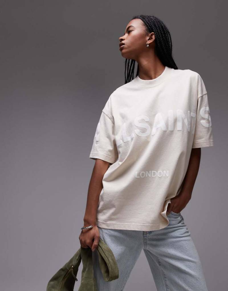 AllSaints - Biggy - Oversize-T-Shirt in Steinbeige mit farblich abgestimmtem Logo-Neutral von AllSaints