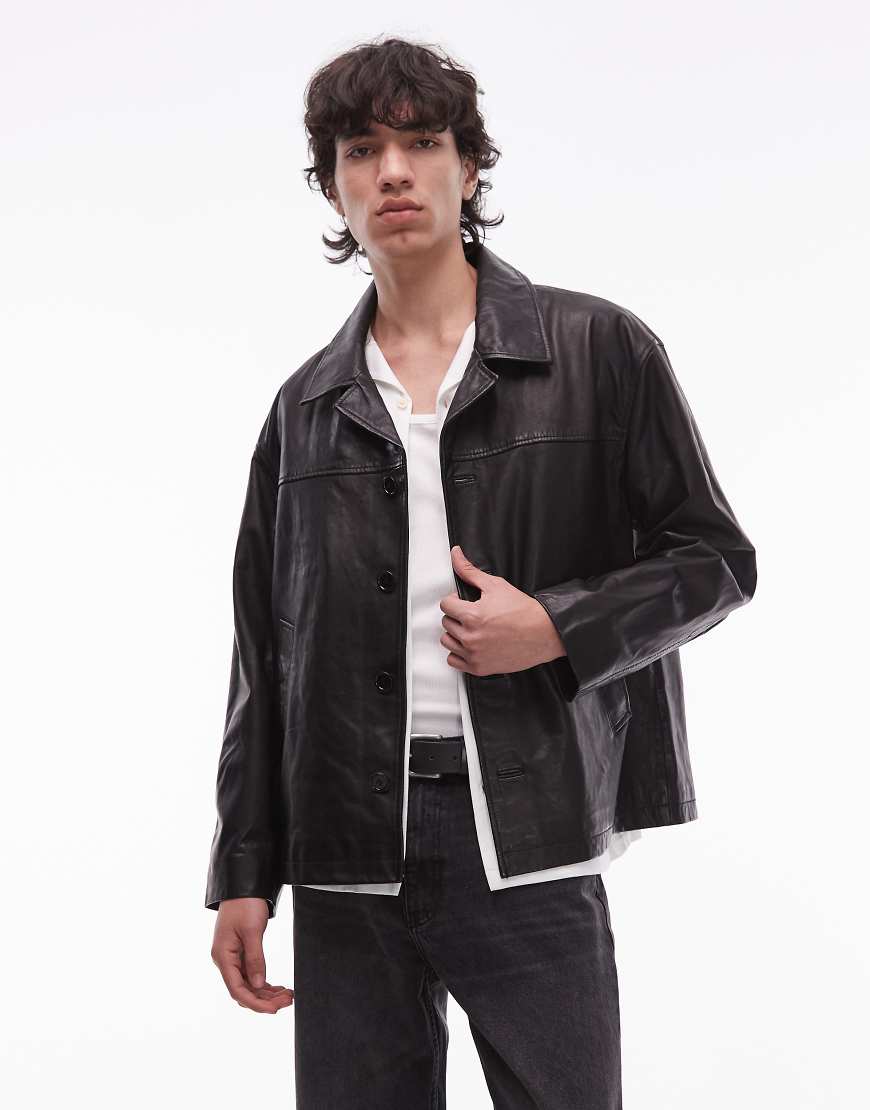 AllSaints - Bradwell - Jacke aus Leder in Schwarz mit Knopfleiste von AllSaints