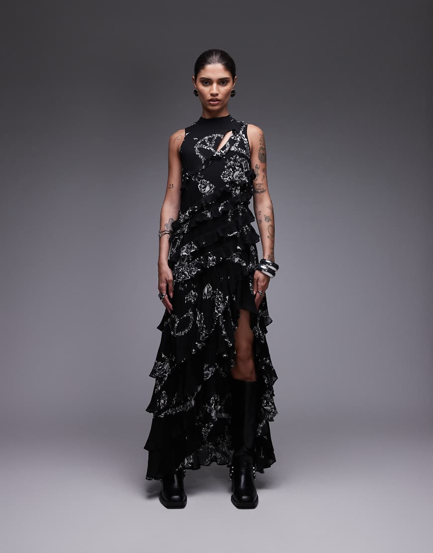 AllSaints - Cady-Rüschenkleid in Schwarz mit Print von AllSaints