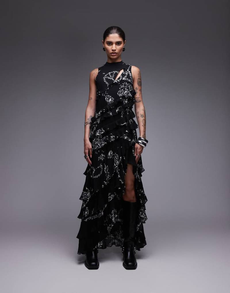 AllSaints - Cady-Rüschenkleid in Schwarz mit Print von AllSaints