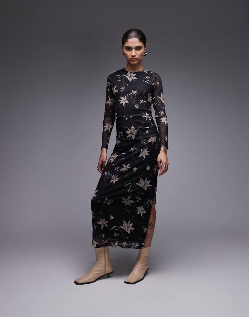 AllSaints - Caia - Netzstoffkleid in Petra-Braun mit Blumenmuster-Brown von AllSaints