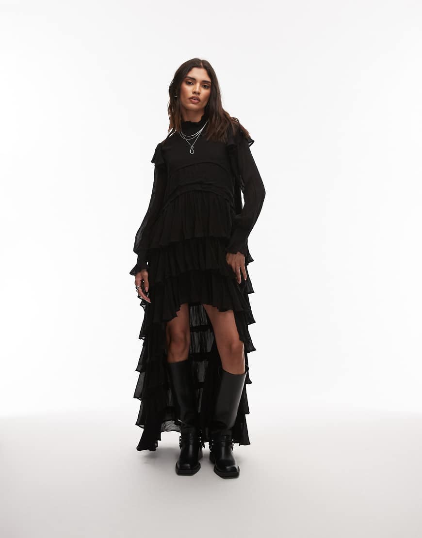 AllSaints - Cavarly - Langärmliges gestuftes Maxikleid in Schwarz mit Rüschen AllSaints - Cavarly - Langärmliges gestuftes Maxikleid in Schwarz mit Rüschen von AllSaints