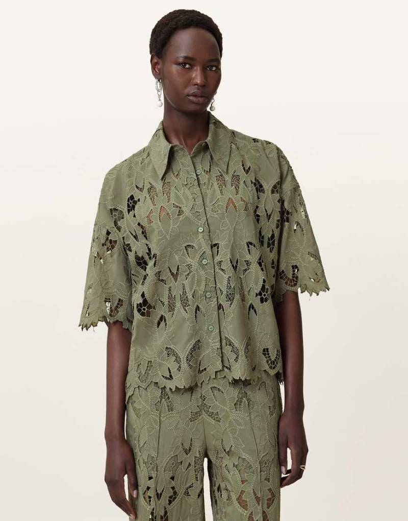 AllSaints - Charli - Bestickte Bluse in Meerjungfrauengrün von AllSaints