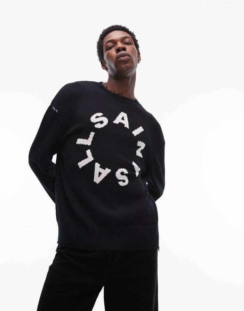 AllSaints - Diageo - Strickpullover in Schwarz mit Used-Optik und Logo von AllSaints