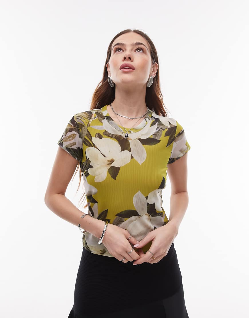 AllSaints - Ellie - Netzstoff-T-Shirt in „Revive Stem"-Grün mit Blumenprint von AllSaints