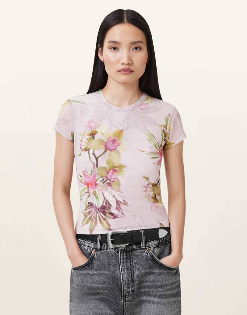 AllSaints - Ellie - Netzstoff-T-Shirt in zartem Adena-Rosa von AllSaints
