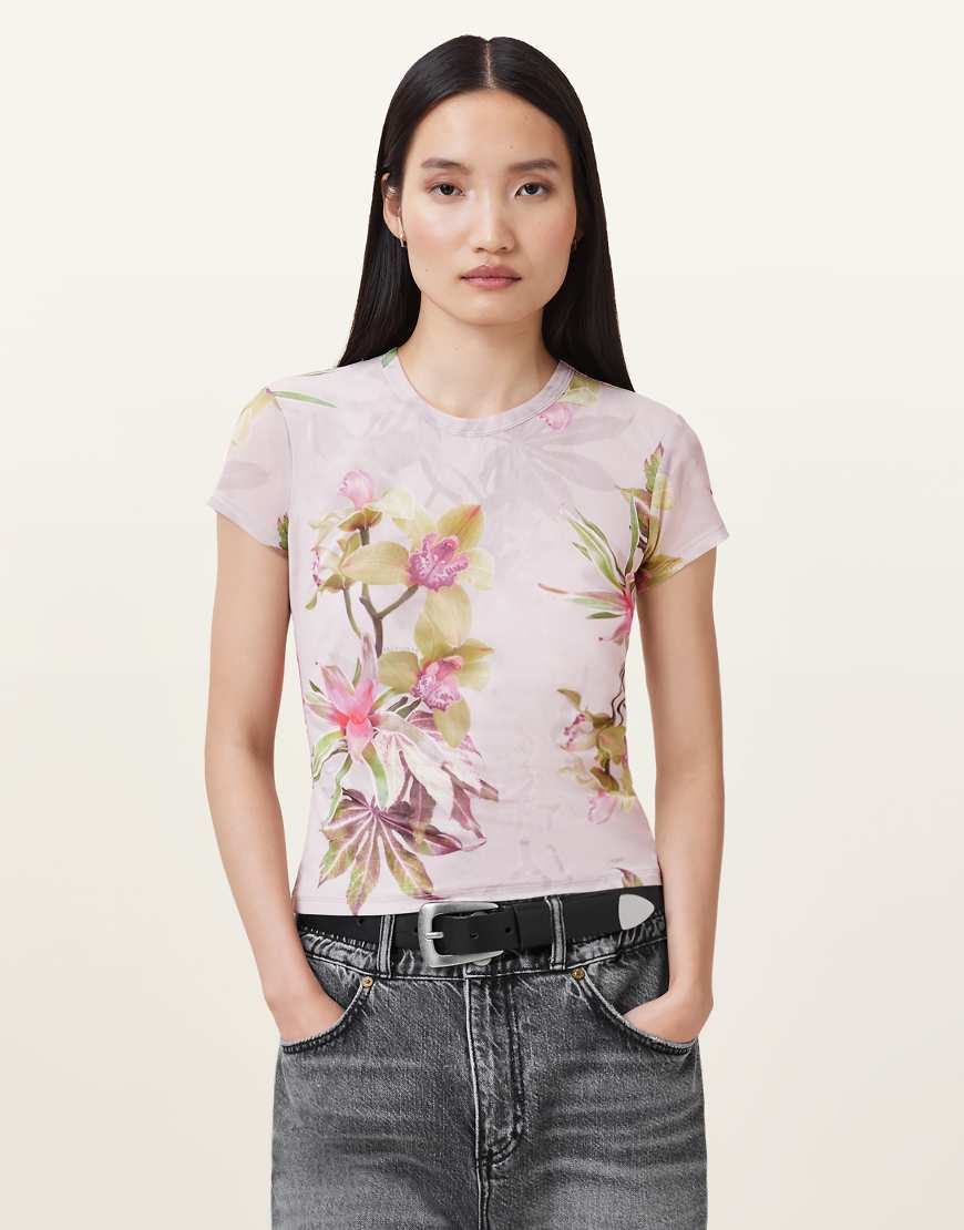 AllSaints - Ellie - Netzstoff-T-Shirt in zartem Adena-Rosa von AllSaints