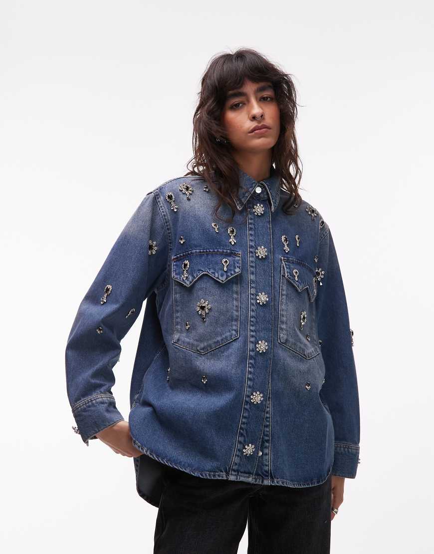 AllSaints - Enna - Verzierte Denim-Hemdjacke in vintage-blauer Waschung von AllSaints