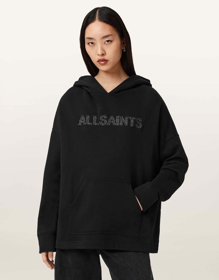 AllSaints - Ettienne - Kapuzenpullover in Schwarz mit Sicherheitsnadel-Print von AllSaints