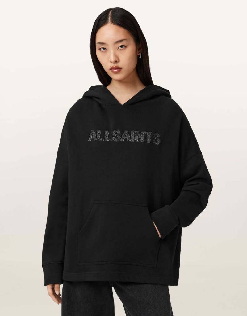 AllSaints - Ettienne - Kapuzenpullover in Schwarz mit Sicherheitsnadel-Print von AllSaints