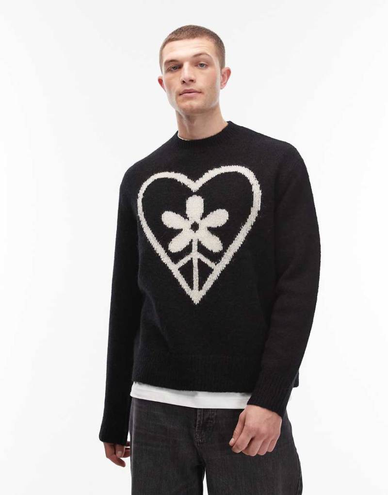 AllSaints - Finden - Strickpullover in Schwarz mit „Peace"-Grafik von AllSaints