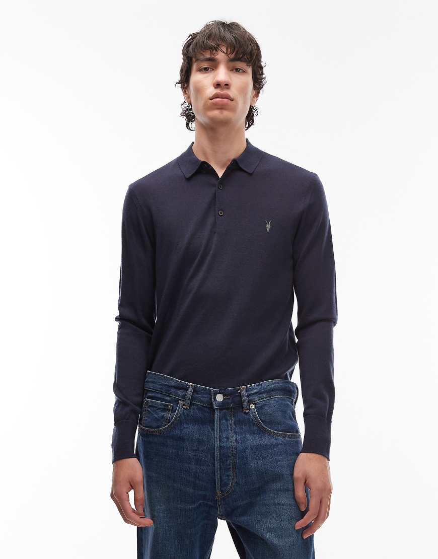 AllSaints - Langärmliges Strick-Polohemd mit Merinowolle in Blau mit Logo-Schwarz von AllSaints