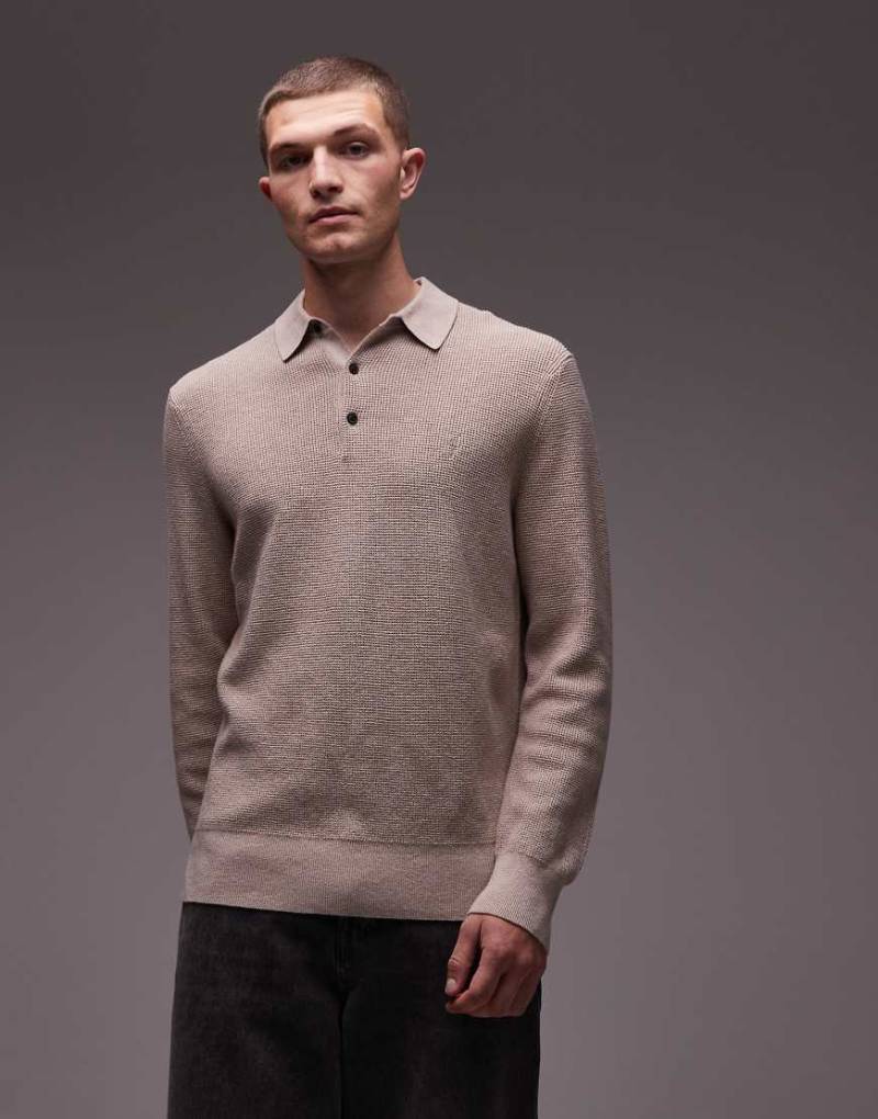 AllSaints - Gestricktes Polohemd in Beige mit Waffelstruktur-Grau von AllSaints
