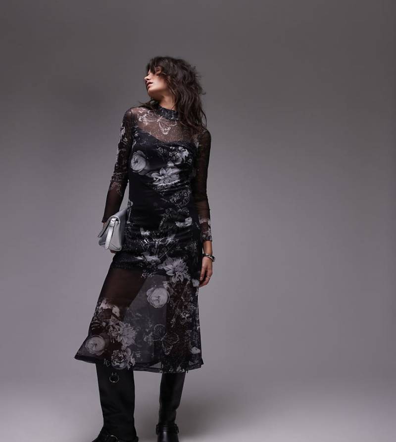 AllSaints - Hanna - Midikleid aus Netzstoff in Schwarz mit Print, exklusiv bei ASOS von AllSaints