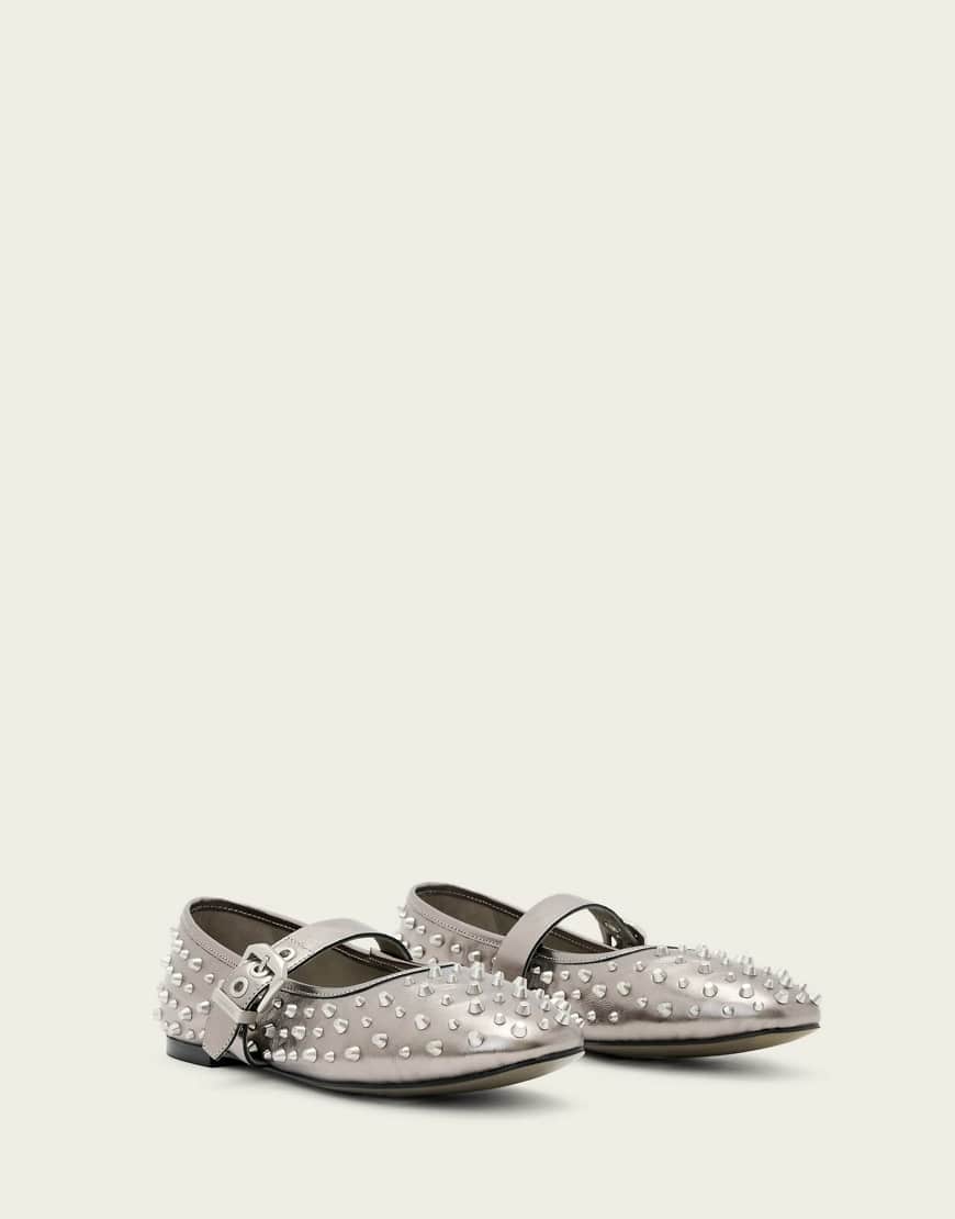 AllSaints - Holly - Flache Ballerinas in Silber mit Nieten-Grau von AllSaints