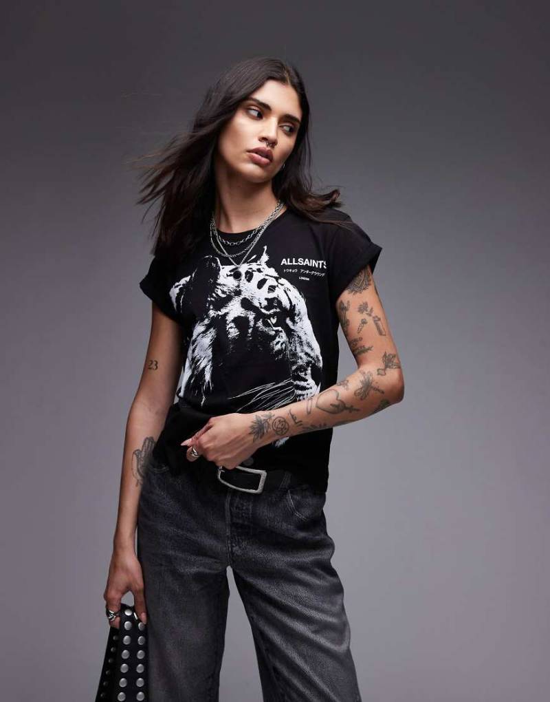 AllSaints - Ivana - T-Shirt in Schwarz mit Tiger-Print von AllSaints