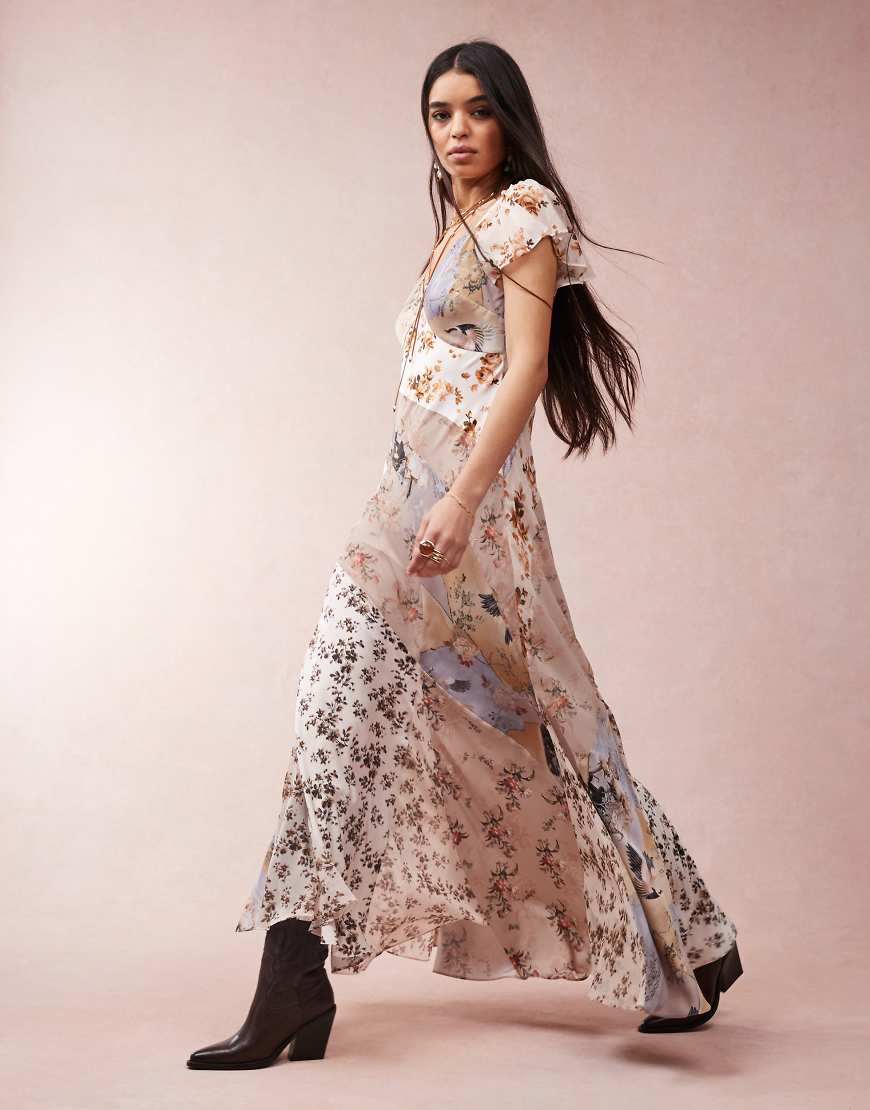 AllSaints - Lala - Maxikleid mit Blümchenmusterprint in Braun von AllSaints