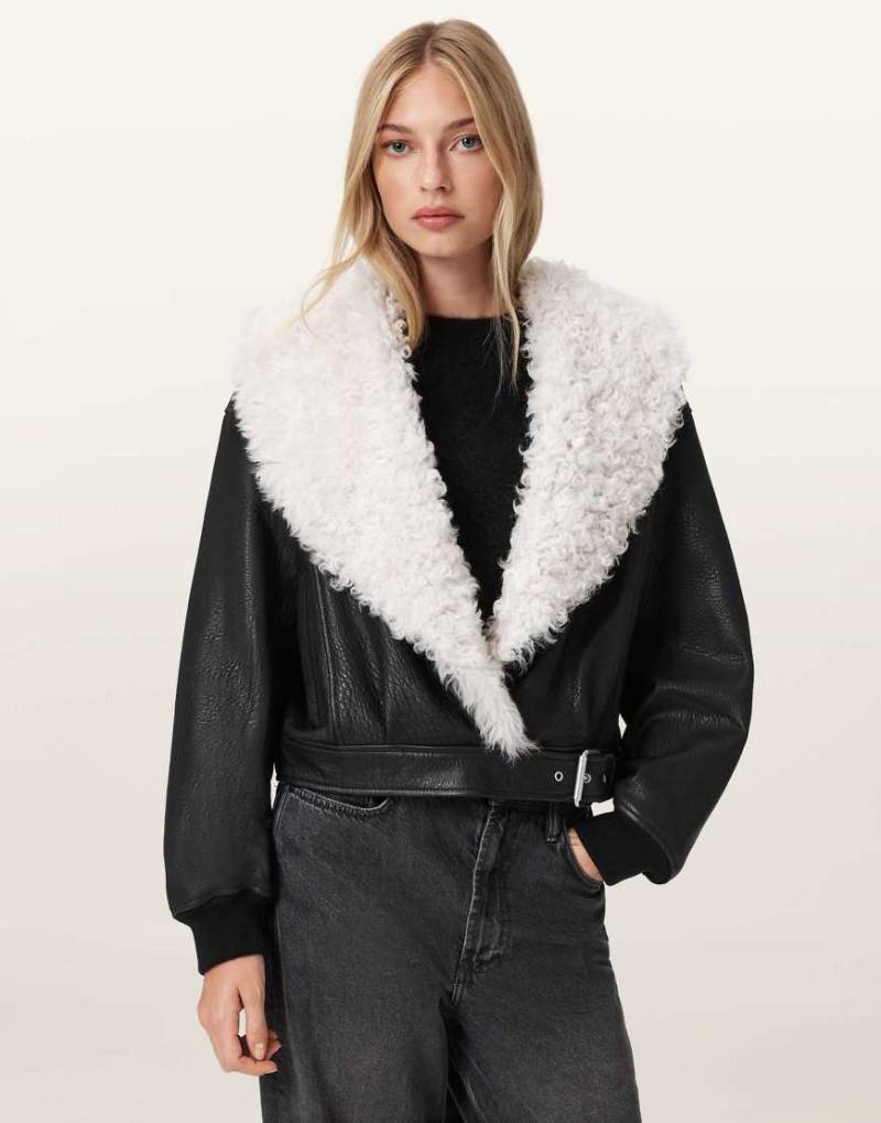 AllSaints - Libra - Lammfell-Jacke in Schwarz/Wollweiß-Bunt von AllSaints