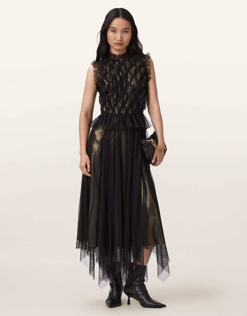 AllSaints - Lola - Tüllkleid in Metallic-Gold-Bunt von AllSaints