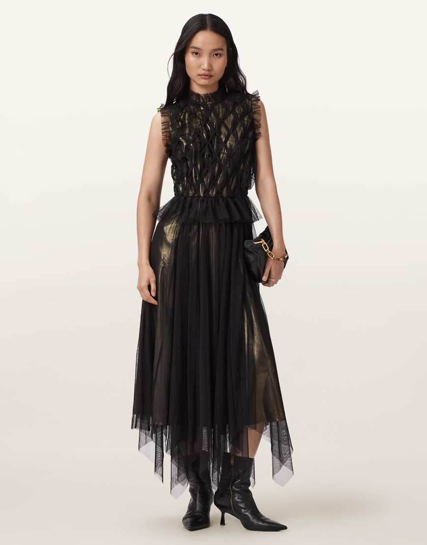 AllSaints - Lola - Tüllkleid in Metallic-Gold-Bunt von AllSaints