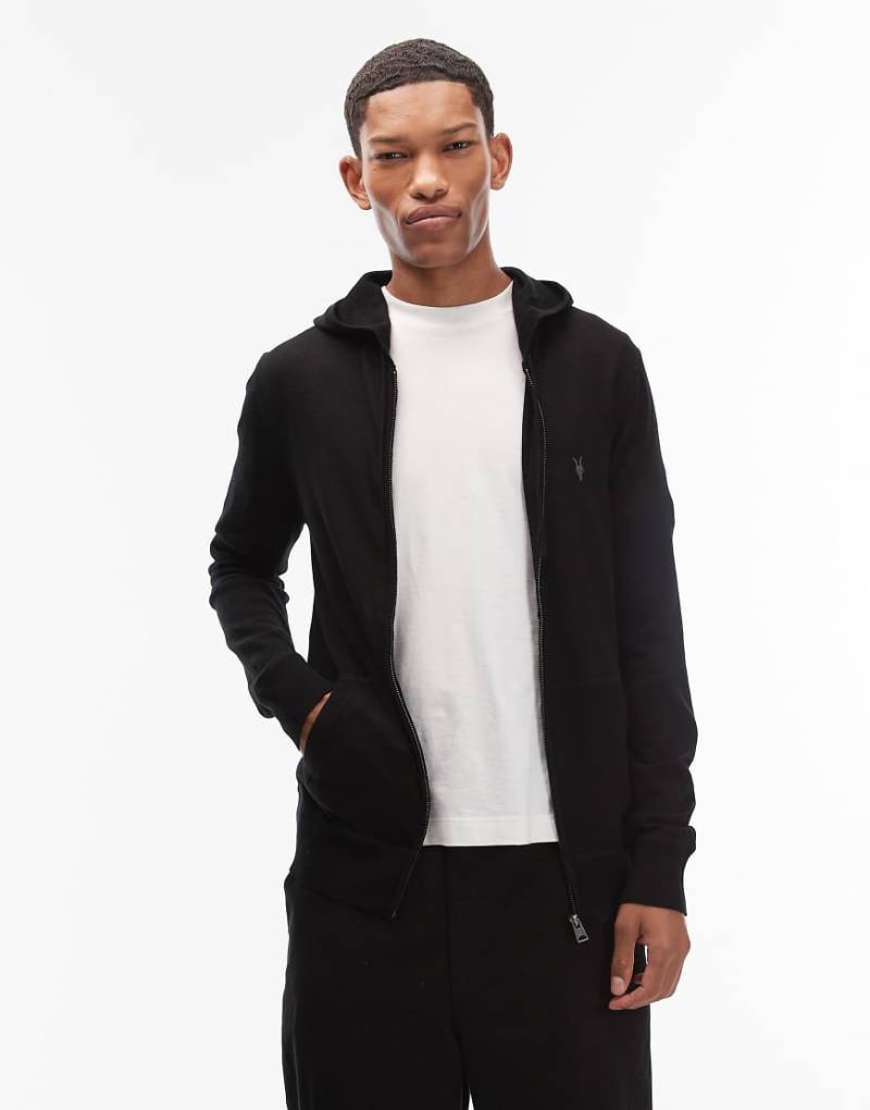 AllSaints - Mode - Kapuzenjacke mit Reißverschluss aus Merinowolle in Schwarz mit Logo von AllSaints