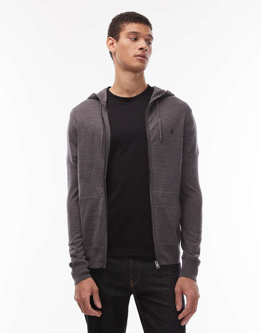 AllSaints - Mode - Kapuzenpullover aus Merinowolle in Anthrazitgrau mit durchgehendem Reißverschluss und Logo von AllSaints