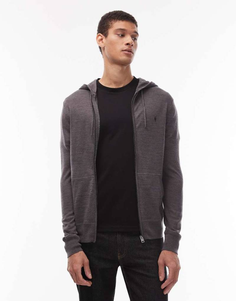 AllSaints - Mode - Kapuzenpullover aus Merinowolle in Anthrazitgrau mit durchgehendem Reißverschluss und Logo von AllSaints