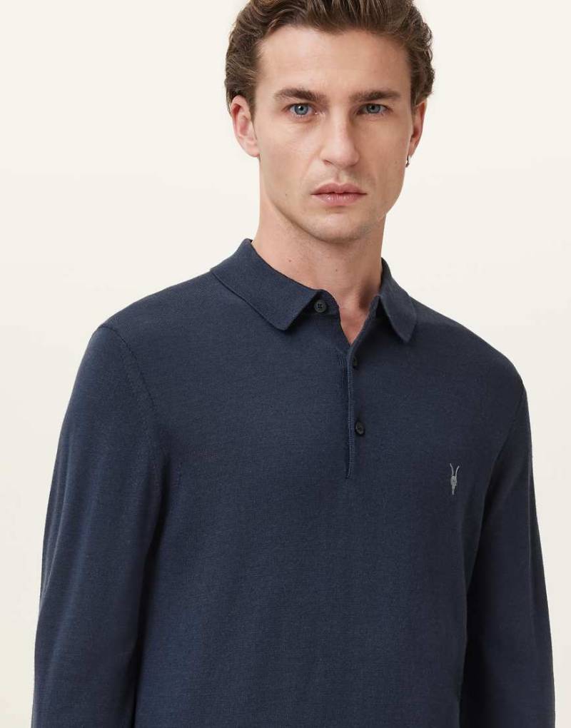 AllSaints - Mode - Langärmliges Polohemd aus Merinowolle in Marineblau mit Rundhalsausschnitt von AllSaints