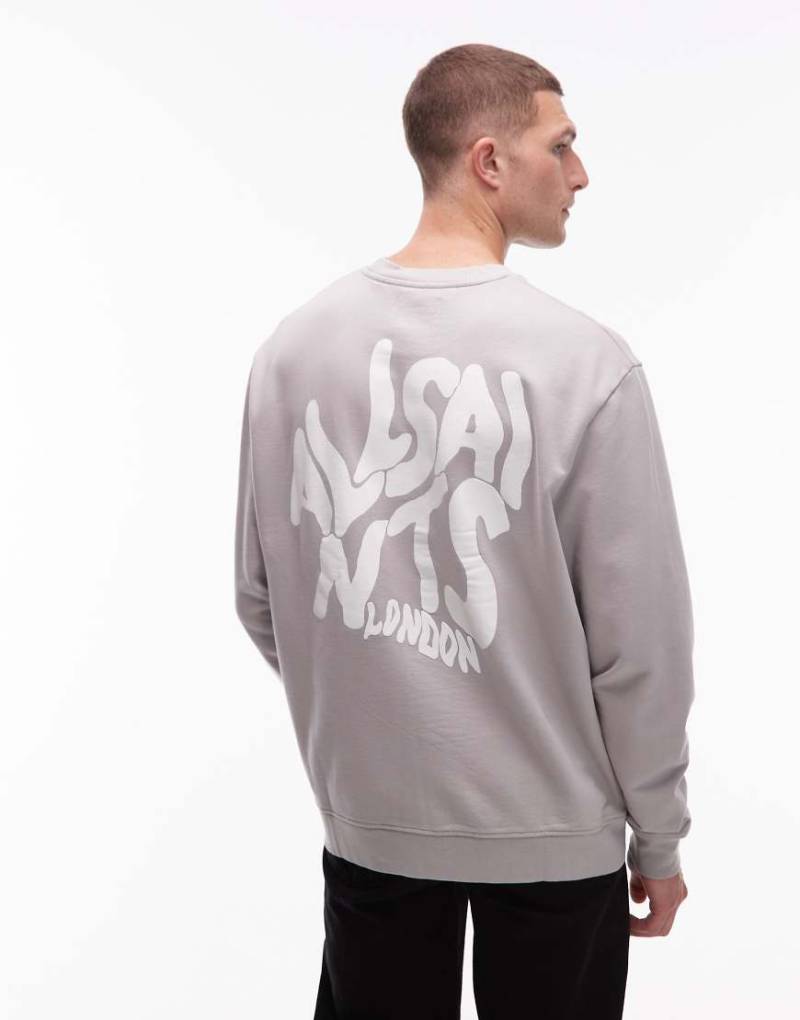 AllSaints - Orlando - Sweatshirt in Hellgrau mit Rundhalsausschnitt und weißem Rückenprint von AllSaints