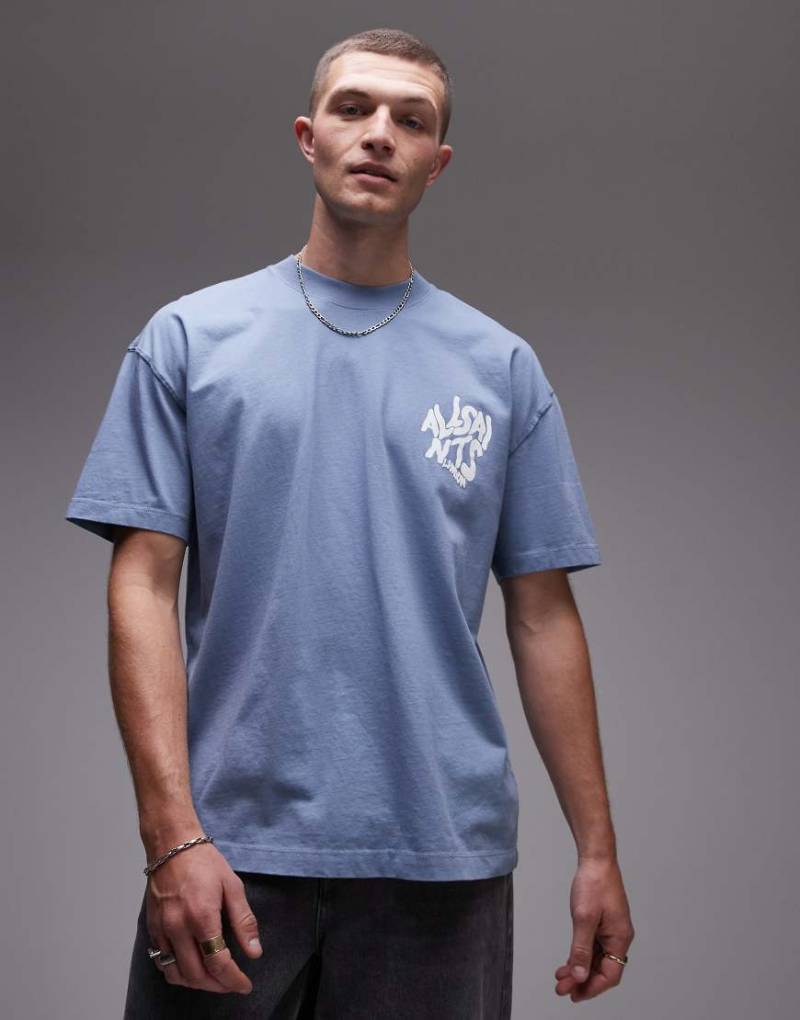 AllSaints - Orlando - T-Shirt in Stonewash-Blau mit Rückenprint von AllSaints