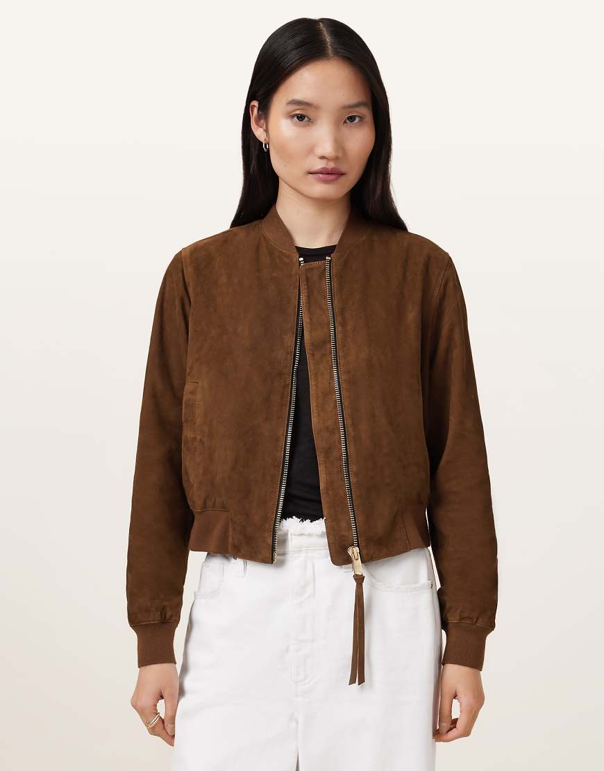 AllSaints - Orten - Bomberjacke aus Wildleder in Cognac-Braun von AllSaints