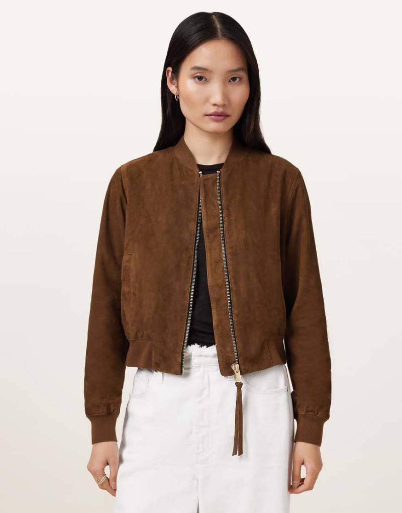 AllSaints - Orten - Bomberjacke aus Wildleder in Cognac-Braun von AllSaints