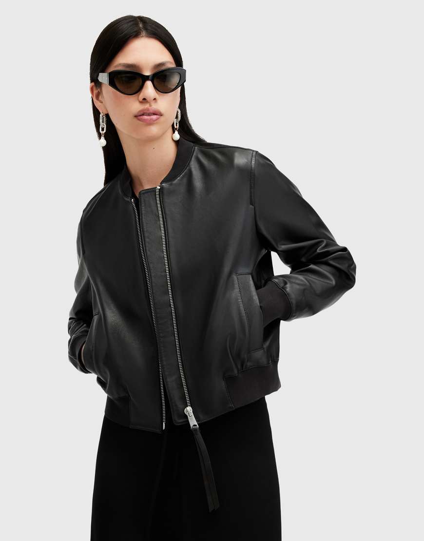 AllSaints - Orten - Schwarze Bomberjacke aus Leder von AllSaints