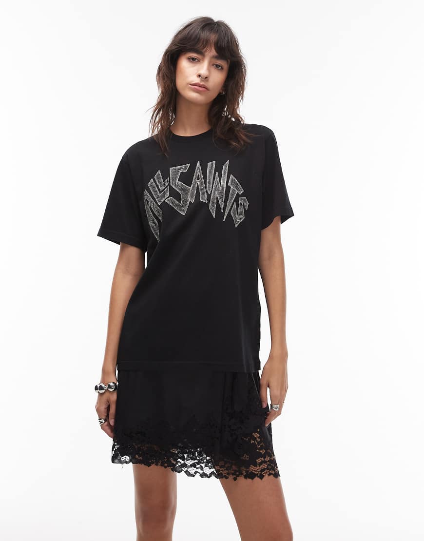 AllSaints - Oversize-T-Shirt in Schwarz mit verziertem Logo von AllSaints