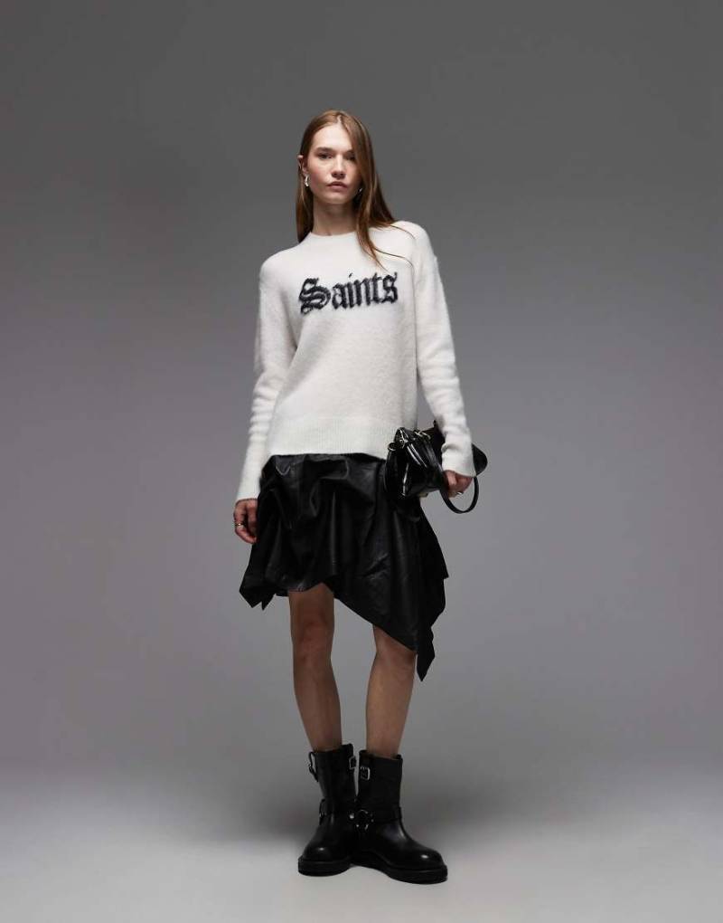 AllSaints - Pullover in Weiß mit Rundhalsausschnitt und „Saints"-Print-Schwarz von AllSaints