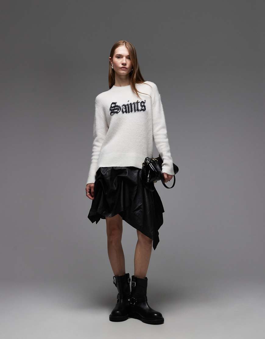 AllSaints - Pullover in Weiß mit Rundhalsausschnitt und „Saints"-Print-Schwarz von AllSaints