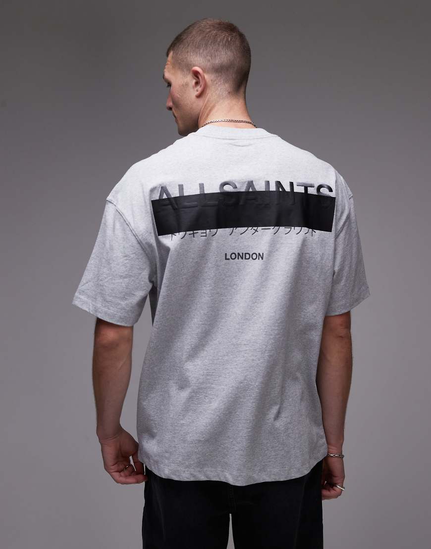 AllSaints - Redact - Oversize-T-Shirt in meliertem Grau mit Logostickerei von AllSaints